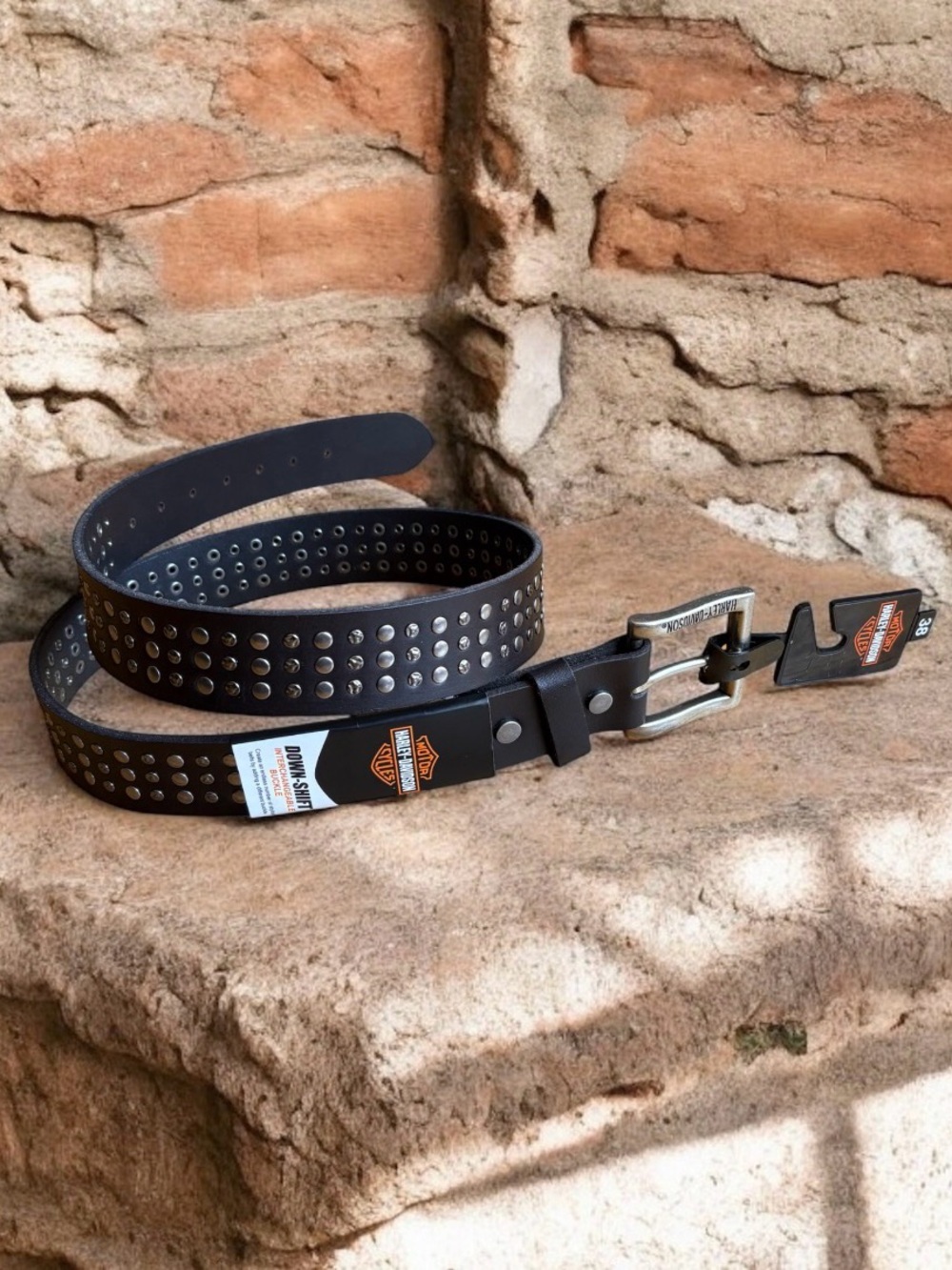 Harley-Davidson Men's Size 38 Studded Black Leather Antique Nickel Belt